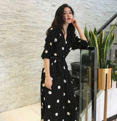 クラシックドット柄トングワンピ―ス ロング丈 袖あり 綿 ドット柄 爽やか 大人スタイル 大人可愛い きれいめ シンプル カジュアル 大人 上品 おしゃれ かっこいい レトロ アジアン 大人可愛い