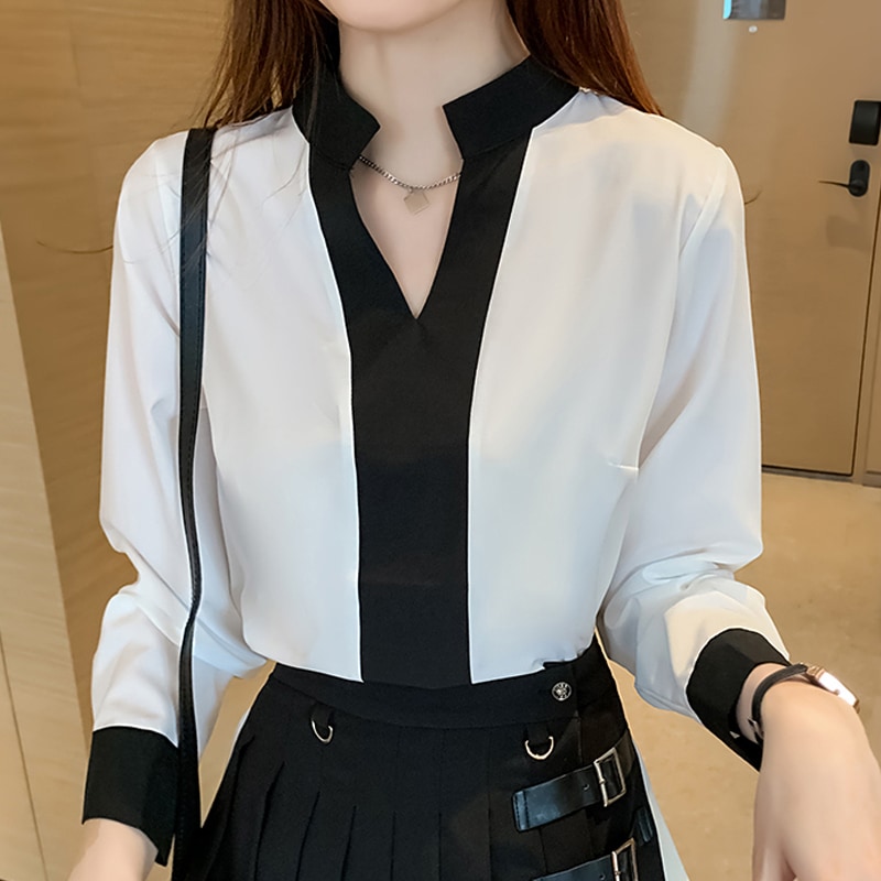 バイカラーブラウス トップス シャツ ブラウス 袖あり 長袖 Vネック スタンドカラー かわいい 大人可愛い きれいめ シンプル カジュアル 大人 上品 おしゃれ お洒落 大人可愛い 大人女子