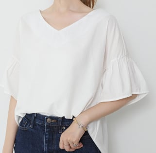 トップス デート Tシャツ シャツ 白シャツ 白トップス 袖あり 5分袖 Vネック 襟なし フレア セミフレア スリム タイト 細身 ストレート スマート かわいい 大人可愛い きれいめ シンプル w