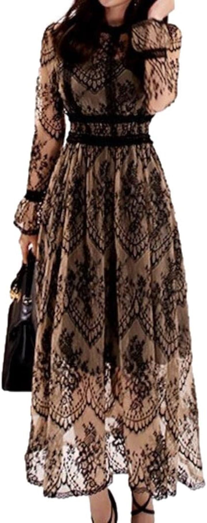 レース ワンピース シースルー フレアスカート クラブドレス クルーネック 長袖 シアー ウエストマーク ロング レディース DK9( ベージュ, M) 5,443円