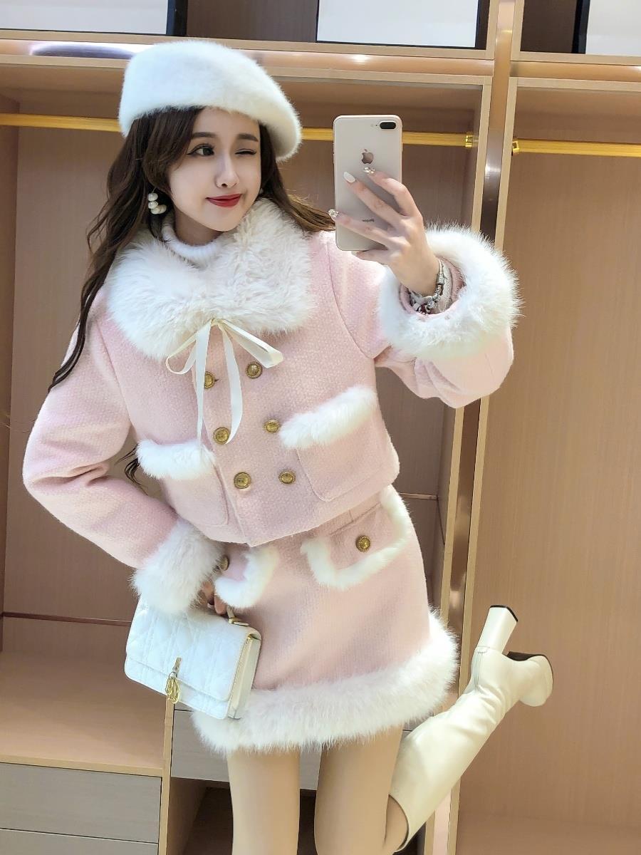 レディース気品スーツ 秋冬韓国ファッション2点セット トップス+スカート フレンチ 型チェスターアウター