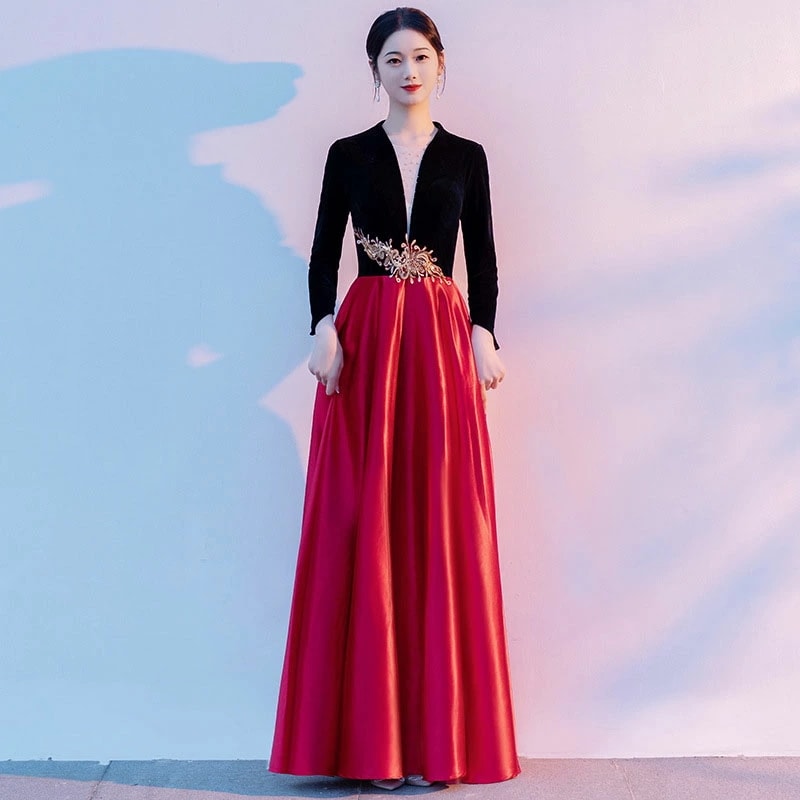 2点購入で200円割引安い カラードレス ロングドレス ブラック レッド 長袖 演奏会 発表会 コンサート コンクール コーラス オーケストラ 合唱衣装 大人 ステージドレス 大きいサイズ ウェディン