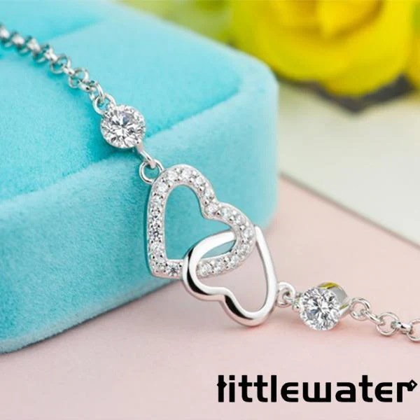 ブレスレット レディース ハート 2粒ダイヤ ハートモチーフ 2色 白 紫プラチナ仕上げ シルバー 誕生日プレゼント 彼女 妻 女性 母の日ギフト