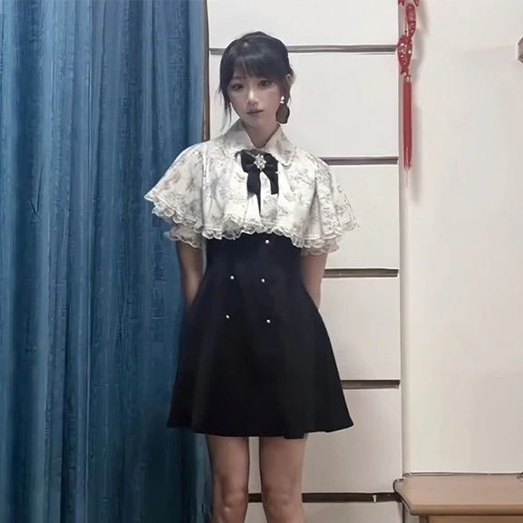 【急速発送】明瞭系量産型スーツ地蕾系リボン甘い+マントの2点セットワンピース 夏秋の万能アイテム