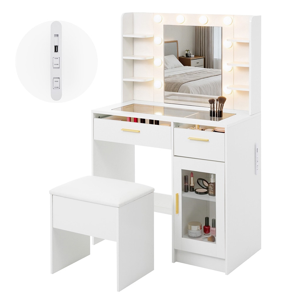 ドレッサー LEDミラー付き 強化ガラス天板 2段引き出し キャビネット付き コンセント2口 USB ポート搭載 収納スツール付き 3色温度調節 横揺れ防止 収納機能付きチェア 化粧台　メイク台