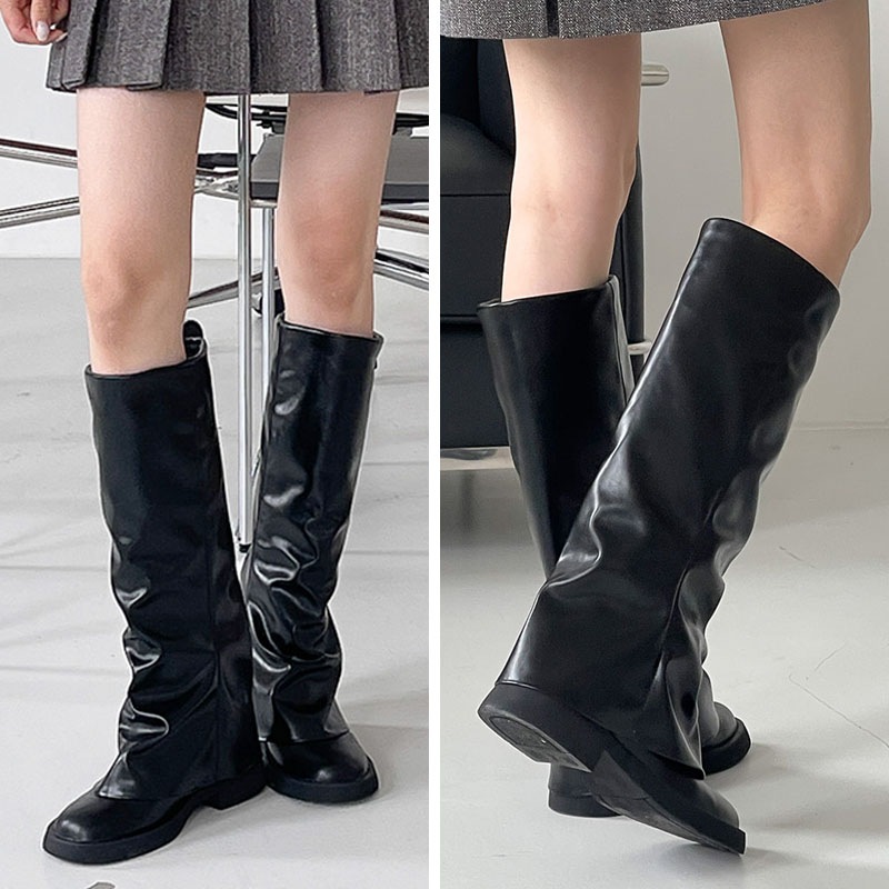 ユニークなレッグウォーマー風．フレアデザイン 3.5cmヒール．ローヒール シャーリング デイリーロングブーツ