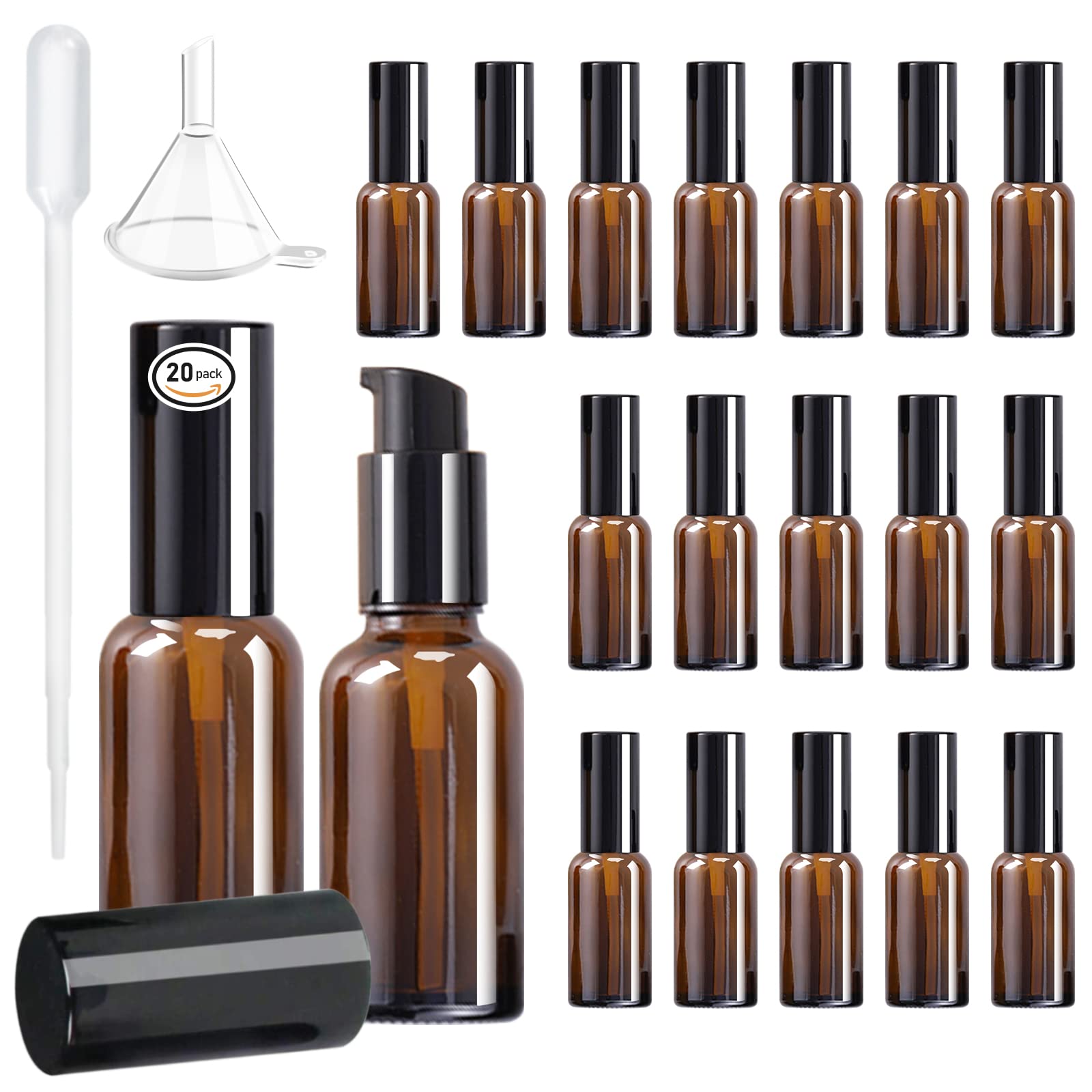 ポンプ瓶 30ml 20個 遮光 ポンプボトル ガラス 乳液ボトル 化粧品ボトル 持ち運び可能 精油 ポンプ 容器トラベルボトル 小分け詰め替えボトル 家庭 出張旅行用品（茶色）