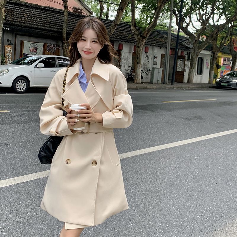 2024新ベージュウインドブレーカージャケット春秋イギリス韓国風ミドル丈高級小コートファッション