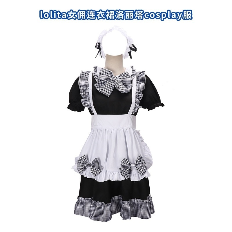 メイド服コス 可愛いメイド服 ロリータドレス ロリータコスプレ衣装 黒チェック柄
