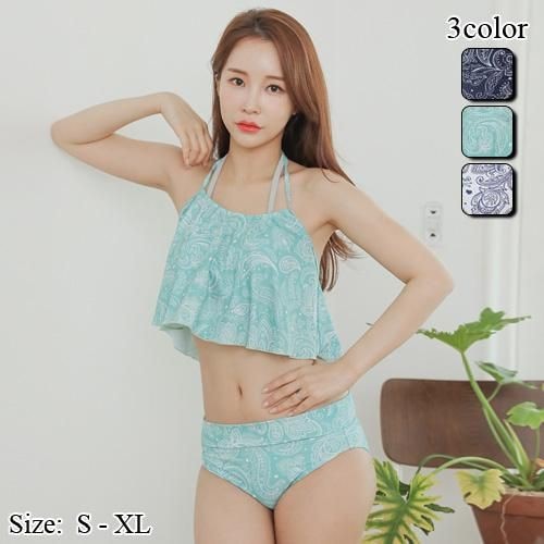 【グラシア】 水着 ビキニ レディース ビーチウェア スイムウェア 流行 海 プール キャミ 細見え フレア ホルターネック ゆったり ビキニ ペイズリー 爽やか ネイビー グリーン ホワイト S M