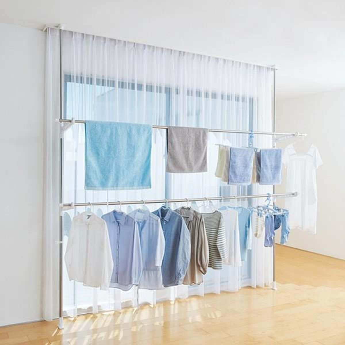 室内物干し 竿受け PORISH 突っ張り式 2段 高さ201ー300cm 部屋干し 突っ張り 物干しポール 突っぱり ランドリースタンド ロング 折りたたみ コンパクト 物干し 室内 洗濯
