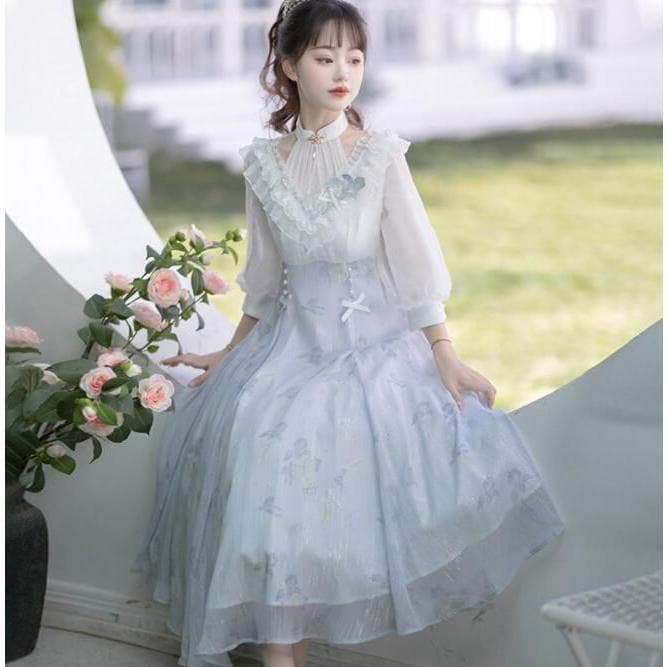 レトロ ワンピース 七分袖 ロリータ ワンピース Vネック アメリカンスリーブ チャイナカラー 優雅 お姫様 ワンピース 裾フリル 可愛い レトロ ゴスロリ ロリータ