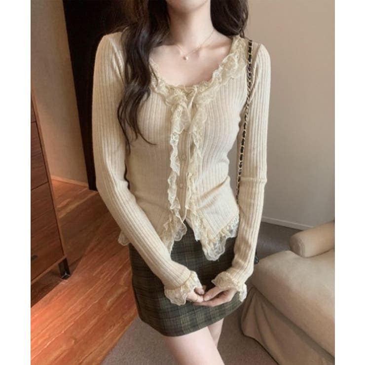 レースUネックリブニットカーディガン/2024 AW COLLECTION