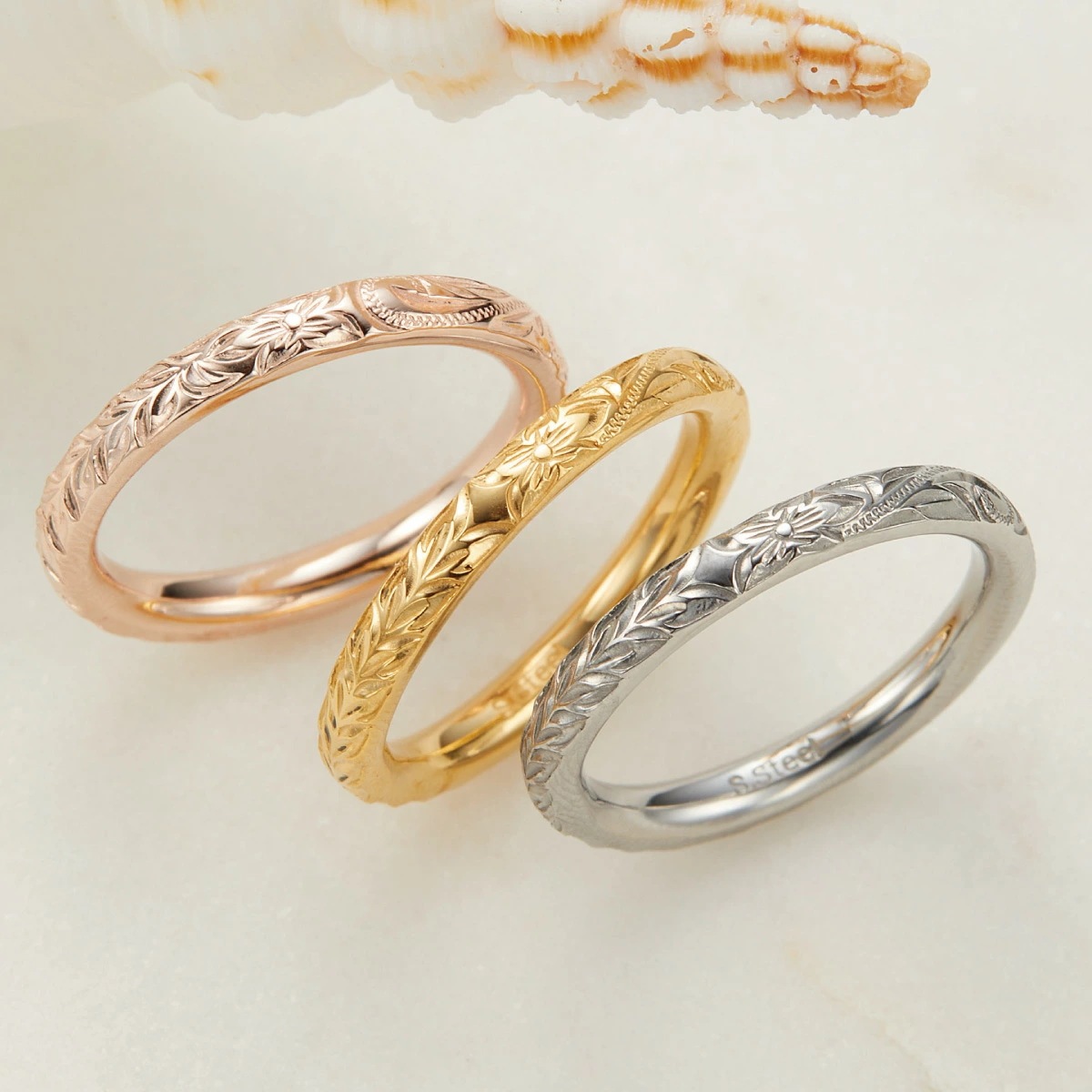 リング サージカルステンレス316L製 ハワイアンジュエリー 甲丸 スクロール×マイレ 3mm