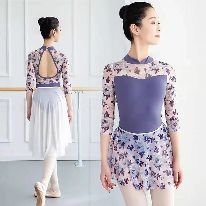 【レオタード単品】バレエ レオタード 大人 七分袖 スカートなし かわいい 花柄 メッシュ ハイネック エレガント ジュニア 大人用 バレエレオタード おしゃれ 練習 レッスン 着 ストレッチ 伸縮