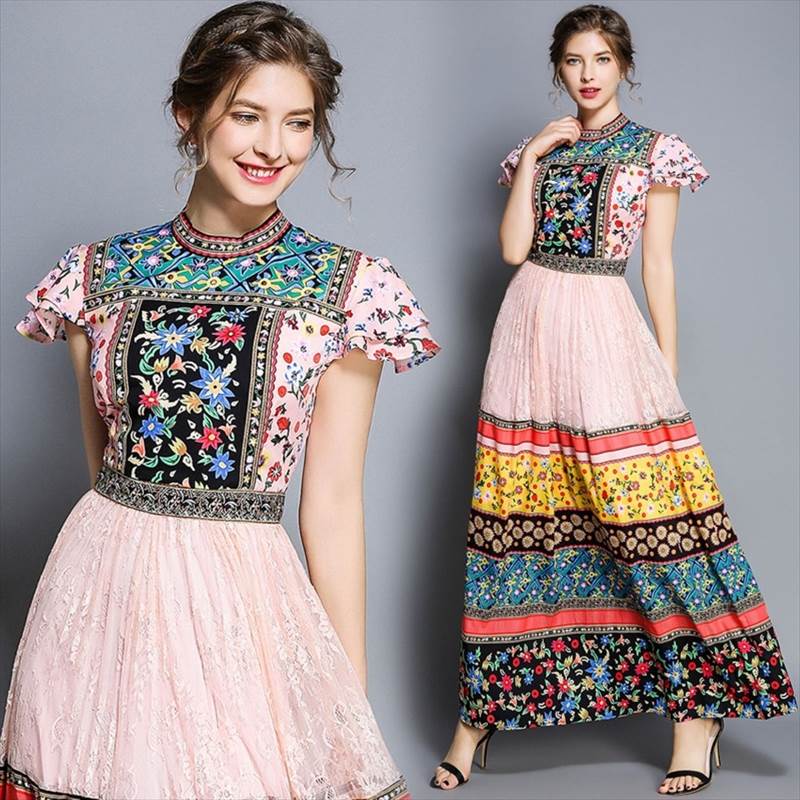 ワンピース 個性的 ロング ドレス レディース レトロ パーティードレス ワンピドレス カジュアル 可愛い ガーリー 民族風 柄 派手 ピンク 半袖 袖ありフレア Aライン 夏 大きいサイズ 2X