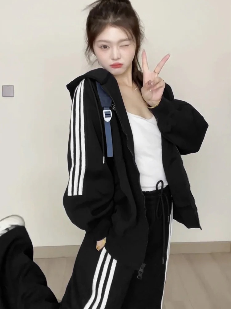 お出かけ 韓国 ダブルラウンドヘム ルーズパーカーサイド 2点セット 羽織り 2025 秋冬 レディース ボトムススウエットストレート系ゆったりサイズワイドシルエット上下リラックストラック トップス