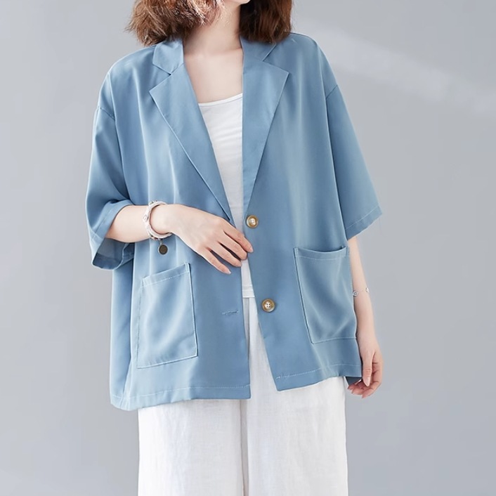 レディース ジャケット スーツ アウター 上着 羽織 前開き テーラードジャケット 5分袖 Vネック 襟付き ワイド ポケット ボタン 薄手 かわいい 大人可愛い きれいめ シンプル カジュアル 上品