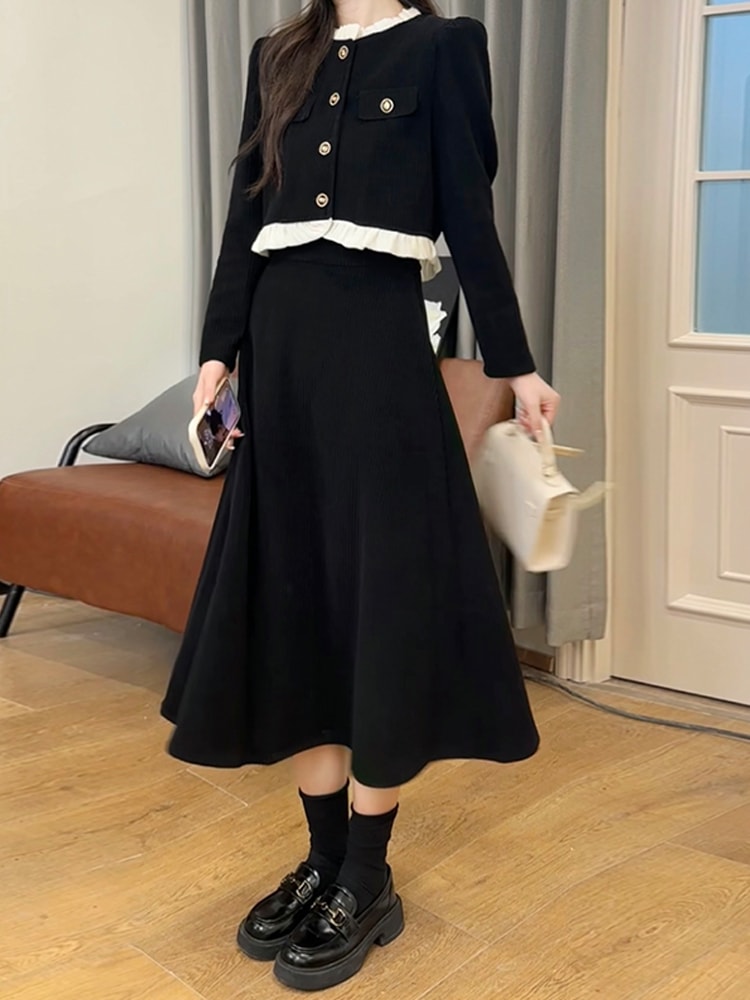 小さな香りヘップバーンスタイルスーツフレンチロングスカートのセット全体と黒いドレスの子供たち2023新しい初秋