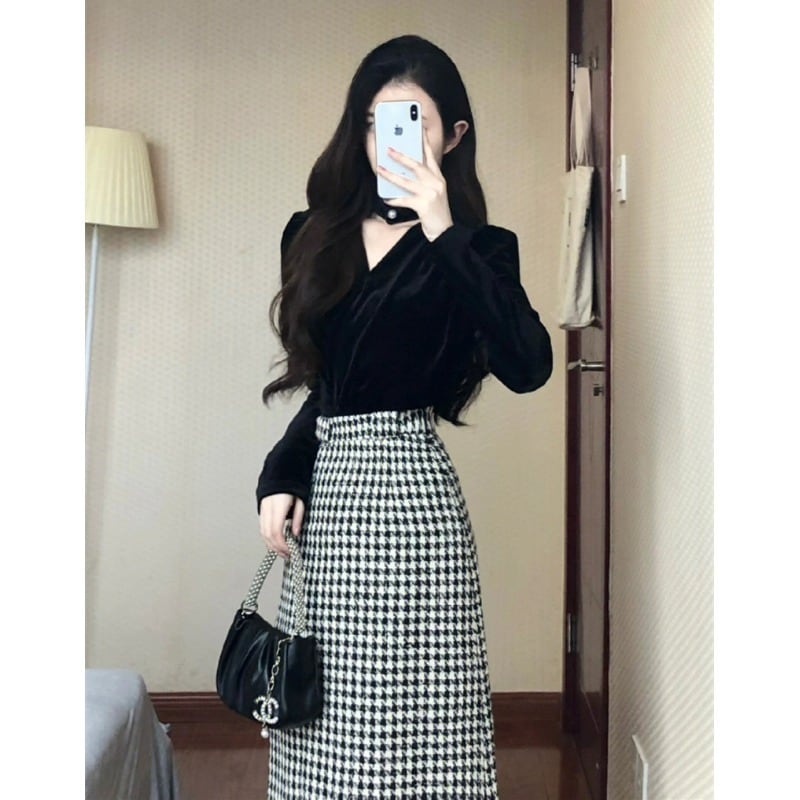 セットアップ ツーピース 上下セット Vネック 千鳥格子 トップス スカート ガーリー 大人可愛い 韓国ファッション