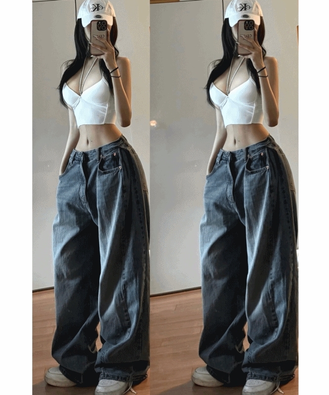 [大きいサイズ/広いフィット] オーバーフィット ビンテージ ウォッシング ワイドデニムパンツ