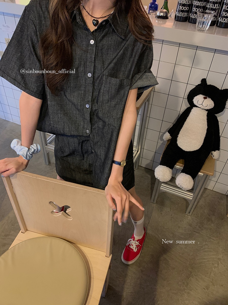 怠け者スタイルデニムスーツ2024 デニムシャツジャケット+ハイウエストaラインスカート2点セット