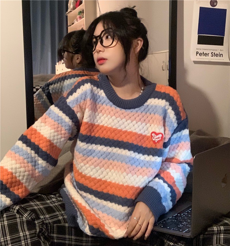 67％以上節約 返品送料無料 レトロな日本のセーターの女性の秋と冬の色の縞模様のセータールーズかわいいアウタージャケットコートイン