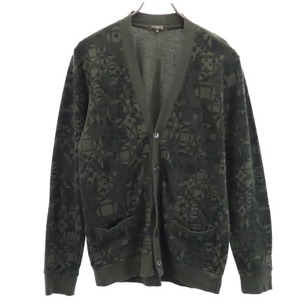 総柄 長袖 カーディガン M グリーン系 Vネック メンズ