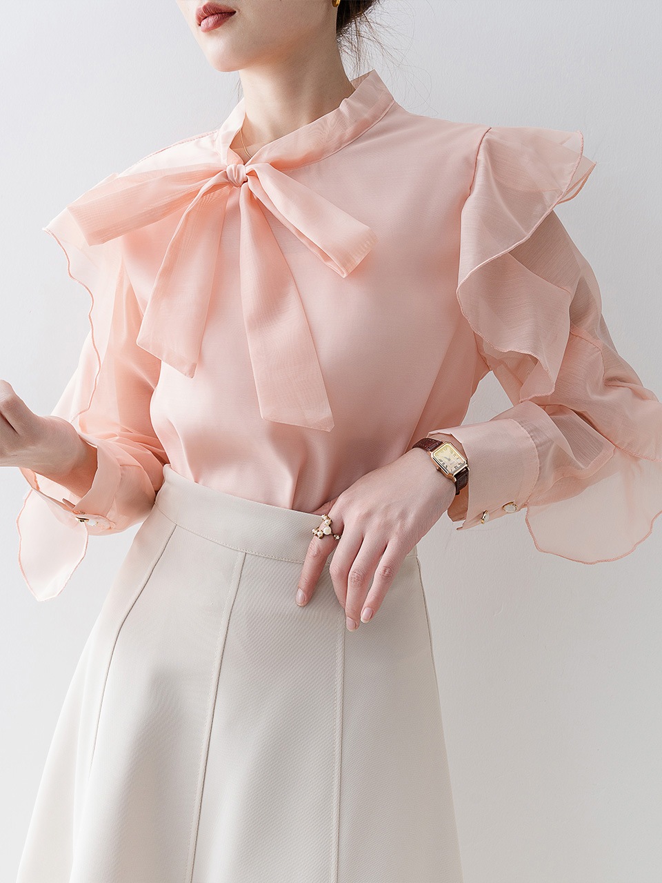 【1点ご購入 で10点プレゼントいたします】ピンクのブラウス春と秋の甘いブラウス2025長袖シフォンブラウスフリル袖春先トップス