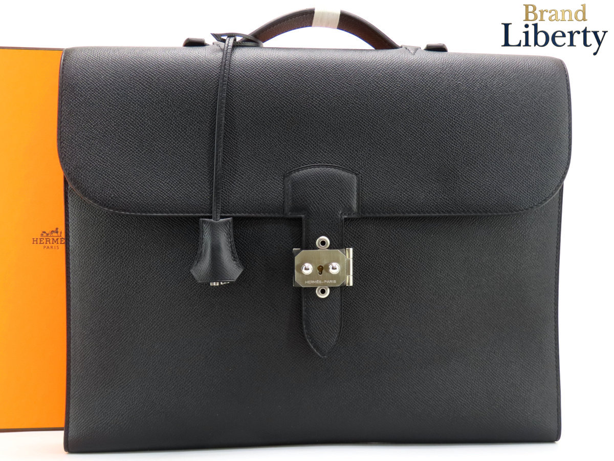 新古品エルメスHERMESサックアデペッシュライト1-3738サックアデペッシュビジネスバッグブリーフケース書類かばんブラックｘシルバー金具ヴォーエプソンA刻