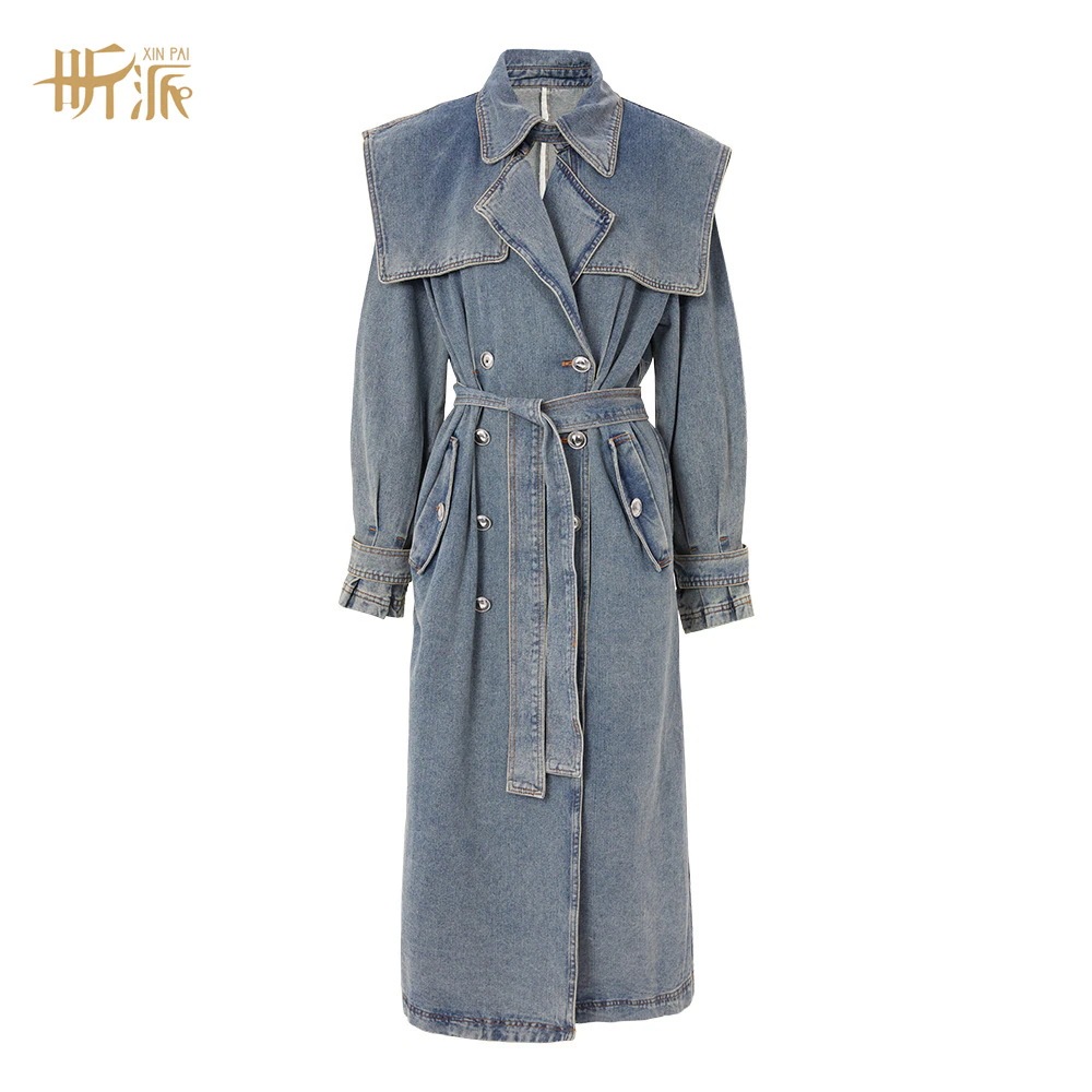 女装中长蓝色牛仔外套气质系带收腰翻领风衣