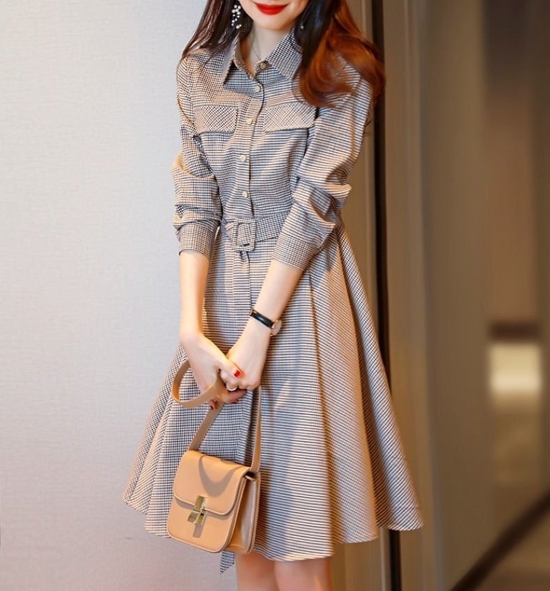 ワンピース シャツワンピ 膝丈 長袖 Vネック 襟付き ベルト ウエストマーク ポケット ハイウエスト フレア Aライン きれいめ 大人 おしゃれ お洒落 エレガント フォーマル チェック柄 春 秋