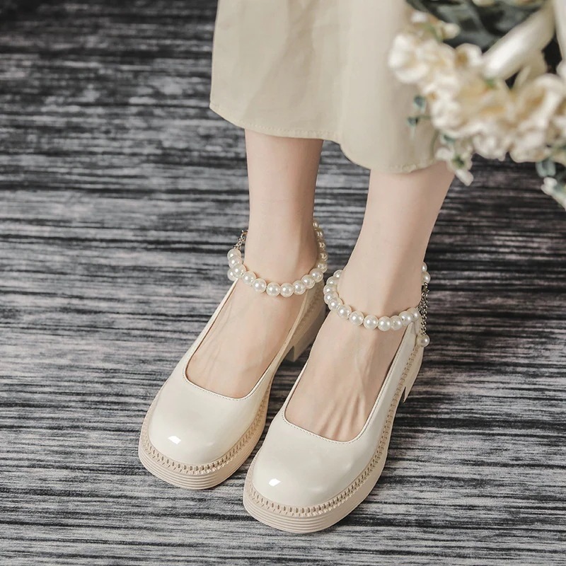 ヒールパンプス 靴 レディース 春夏 厚底靴 革靴 パール メリージェーン靴 パンプス30%制限
