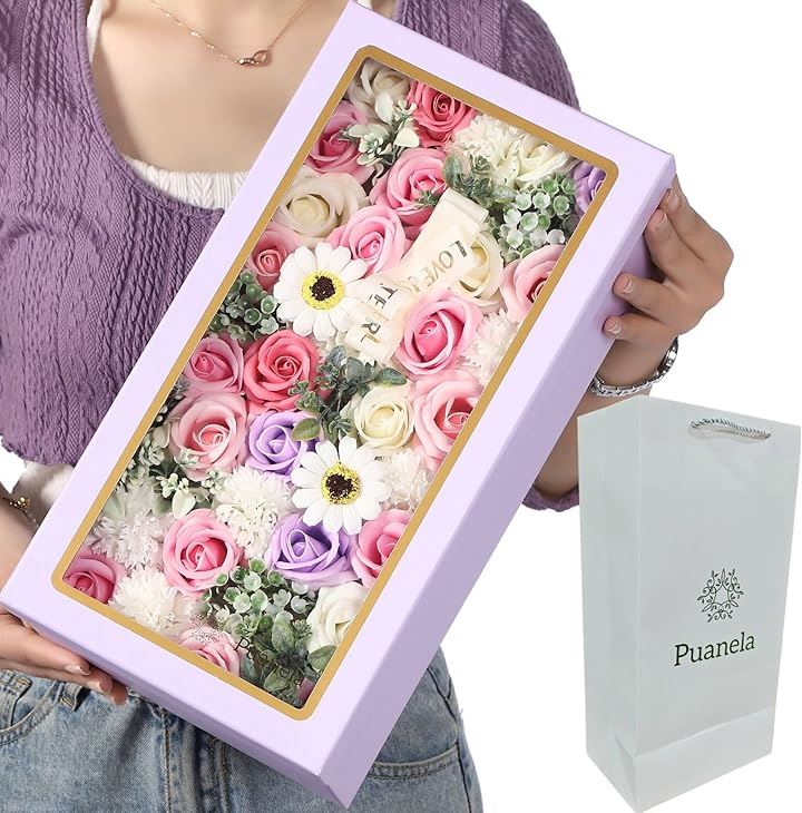 ソープフラワー フラワーボックス 誕生日 プレゼント 母の日 退職 敬老の日 造花 紙袋付き(ピンク, 大) 5,763円