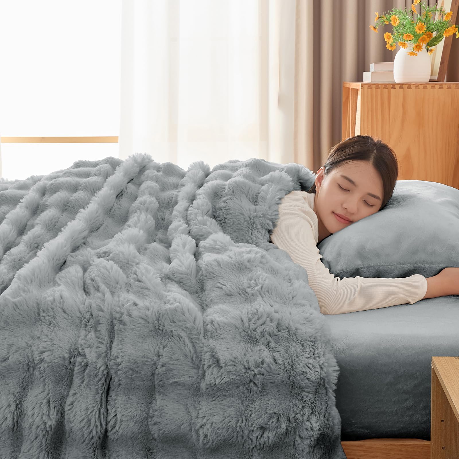 Softime 掛け布団カバー ダブル 冬 暖かい 羽毛布団カバー 毛布カバー モコモコラビットファー調 毛布にもなる2WAY仕様 『極暖プラス5℃蓄熱保温』吸湿発熱 あったか CICA保湿加工 静