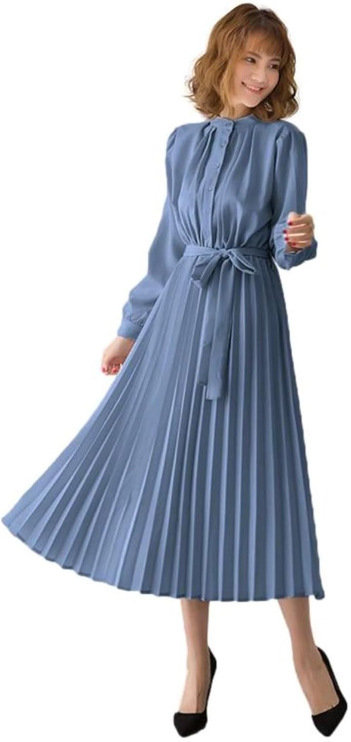 ブルーベリル シフォンワンピース ロング プリーツ レディース 長袖 ハイウエスト ウエストリボン フレア 春 秋 BB054(ブルー, 2XL)