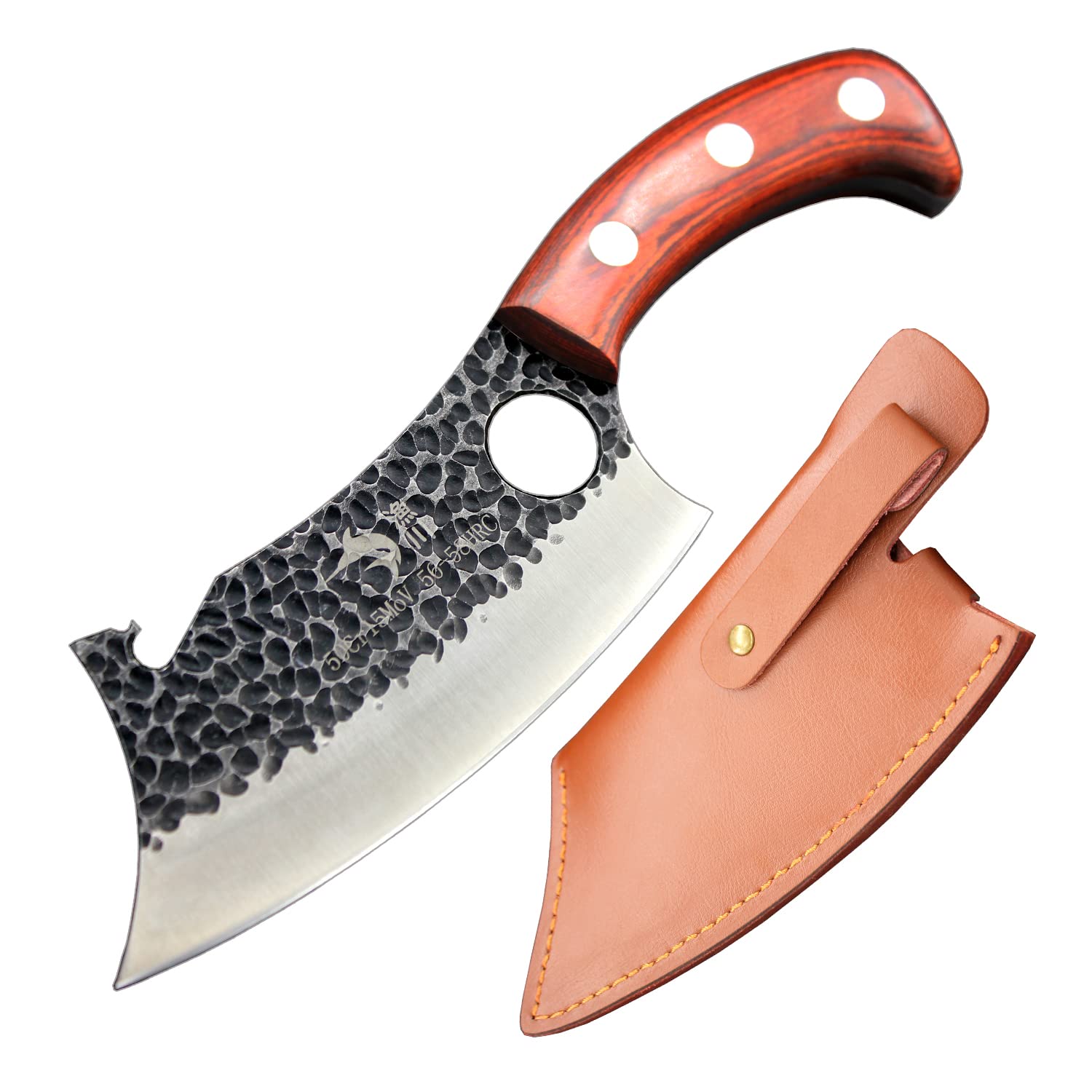 骨切り包丁 刃渡り155ｍｍ 刃厚5ｍｍ 【一体式で堅牢な骨切りナイフ】 槌目鍛造 【栓抜き機能付き】 【アウトドアにも最適】 家庭用 キャンプ BBQ 魚 魚介 肉 骨 切る 捌く