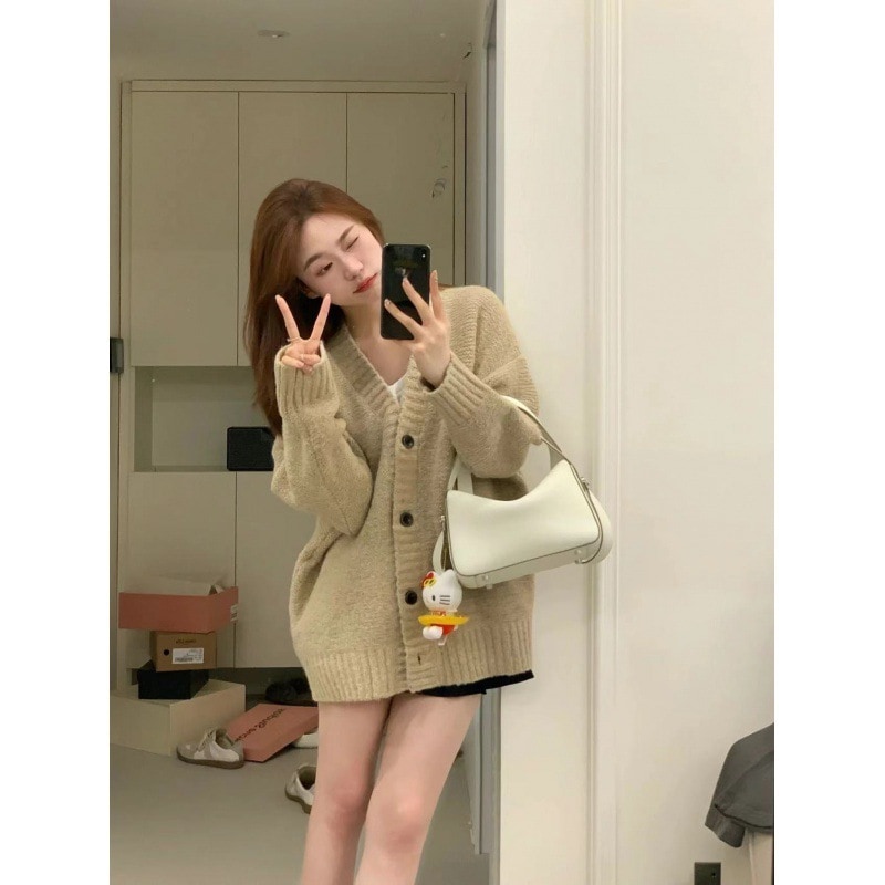 韓国風レイジースタイルvネックカーディガンセーター女性用2025秋冬新作レトロルーズ長袖ニットジャケットトップ