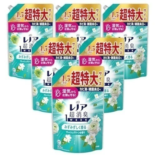 レノア 超消臭1WEEK 柔軟剤 みずみずしく香るフレッシュグリーンの香り 詰め替え 1380mL×6袋 [ケース品]