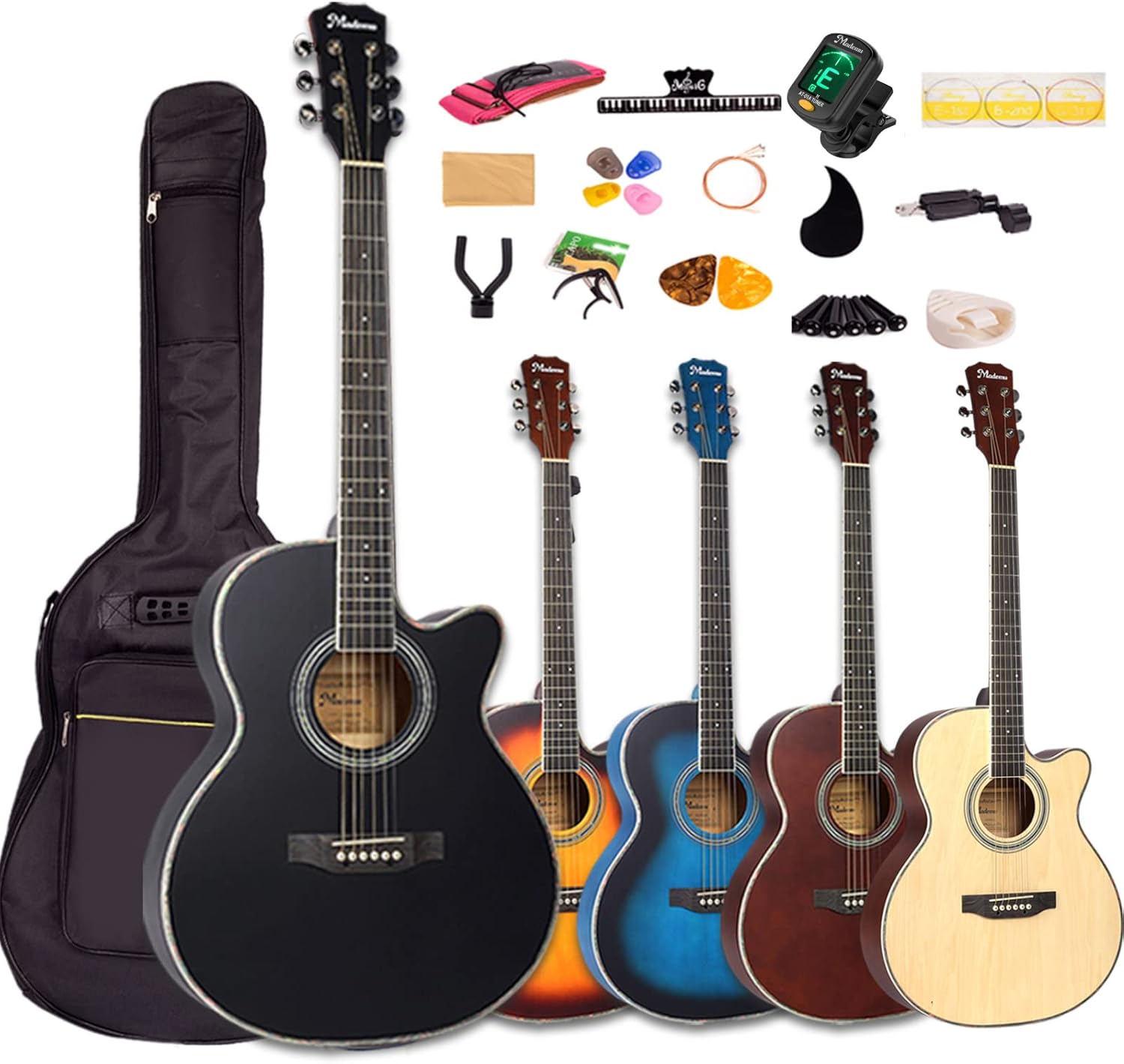 Mademu アコースティックギター 初心者セット カッタウェイ(Cut-Away)タイプ 入門練習ギター 16点セット (ブラック)