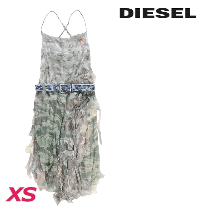 シルクレイヤードワンピース レディース D-CLAES-CMF ダメージ加工デニムベルト付き カモフラージュ柄 die-l-t-f8-3d9
