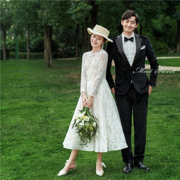 ウェディングドレス ウエディングドレス 新婦 ロングドレス ミモレ丈ワンピース レース 結婚式 二次会ドレス 花嫁 前撮りドレス ガーデンウェディング ハネムーンフォト 披露宴 ブライダルドレス エレ