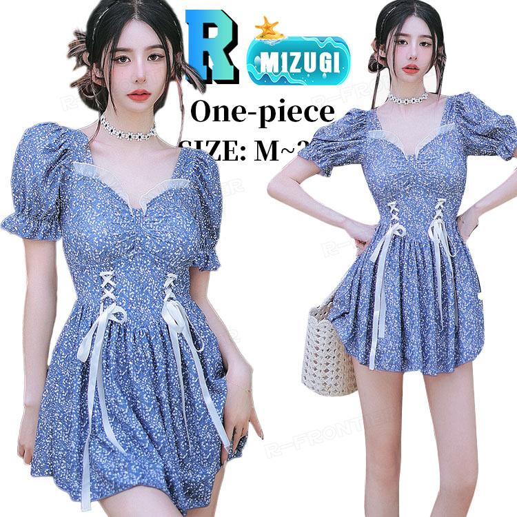 韓国 水着 レディース 花柄 ワンピース オールインワン 水着 ぽわん袖 レースアップ 体型カバー 露出控えめ 可愛い 水着 レースアップ リボン飾り セクシー 大人