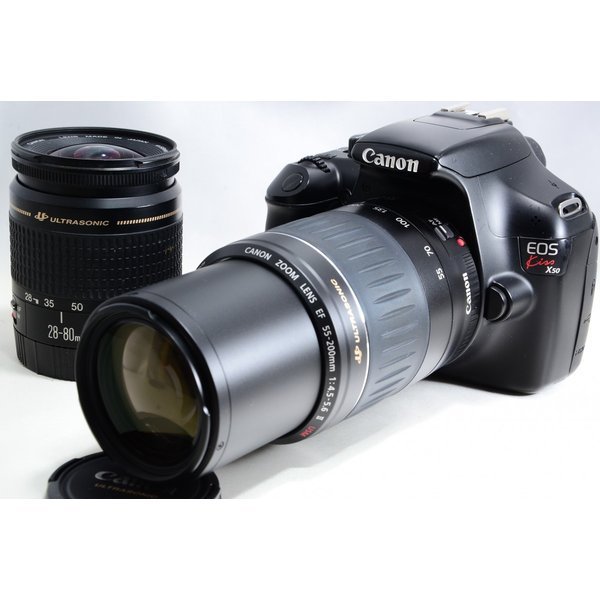 【中古】キヤノン Canon EOS Kiss X50 標準&望遠ダブルレンズセット ブラック 美品 SDカード ストラップ付き