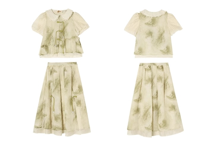 プラスサイズ 婦人服 ハイウエスト シフォン 夏 スーツ スカート 個性的 セットアップ 膝下 袖あり 半袖 襟付き かわいい 大人可愛い カジュアル 大人 上品 おしゃれ お洒落 とろみ感 抜け感