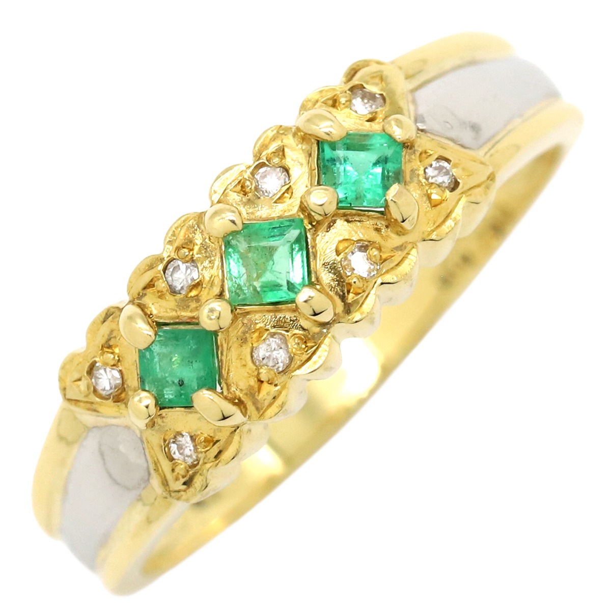 リング 指輪 エメラルド ダイヤモンド リング K18YG Pt900 エメラルド ダイヤモンド イエローゴールドXプラチナシルバー グリーン 緑 コンビリング 12号【中古】