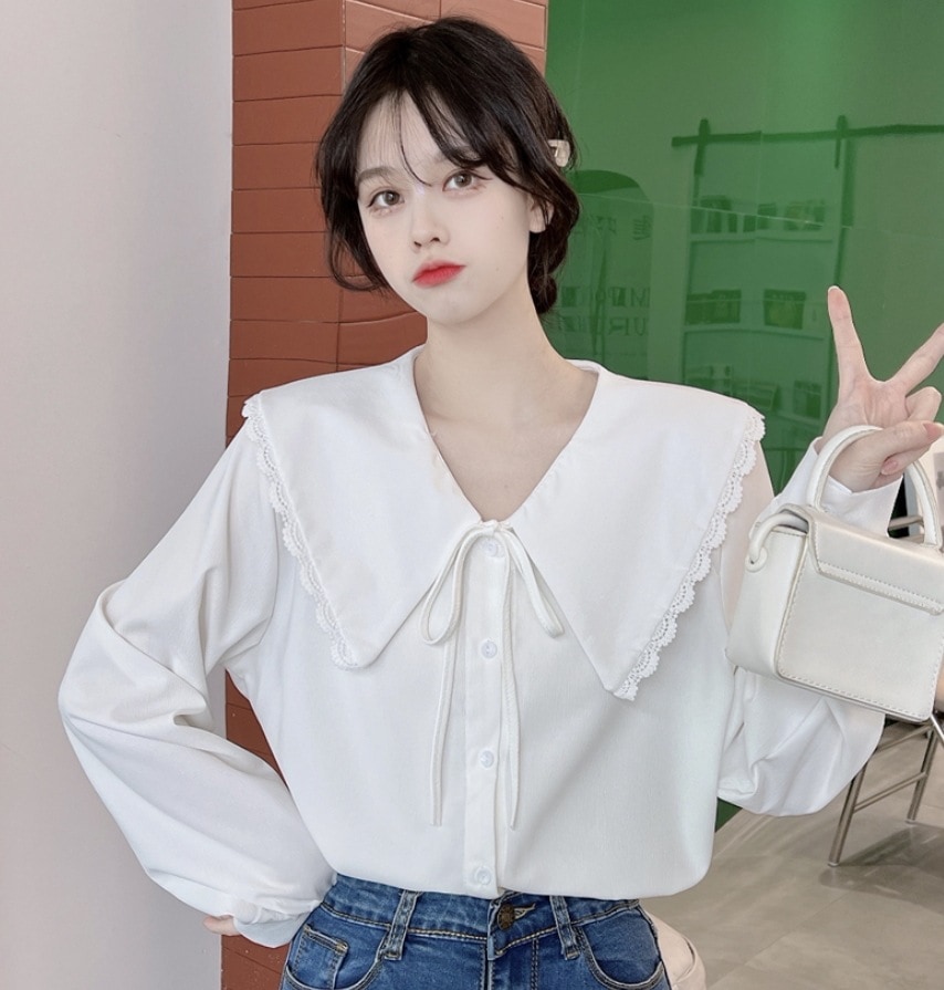 トップス デート モテアイテム シャツ ブラウス 長袖 襟付き レース フリル 可愛い きれいめ 上品 おしゃれ かっこいい 可愛い ラブリー キュート ガーリー クール モード系 セクシー