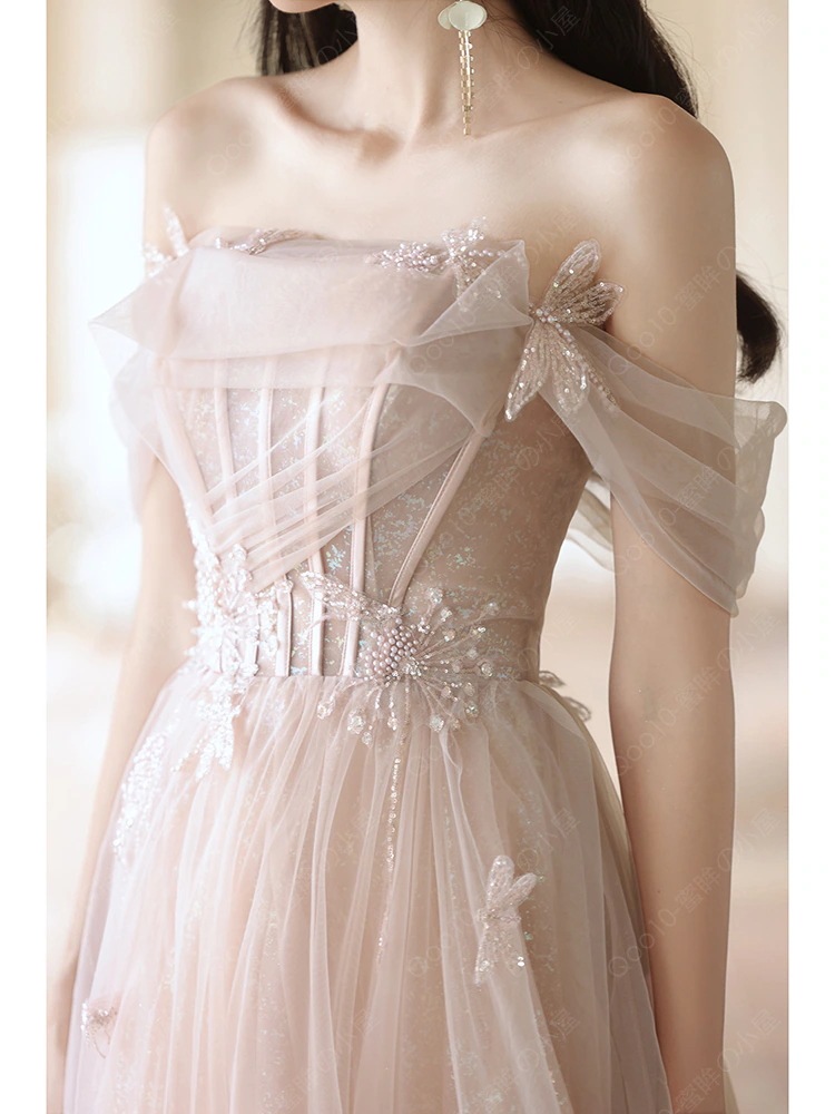 カラードレス アンティークピンク 二次会 パーティードレス 演奏会 発表会 花嫁 結婚式 ウェディングドレス Aラインドレス 高級 上品 ロングドレス-67