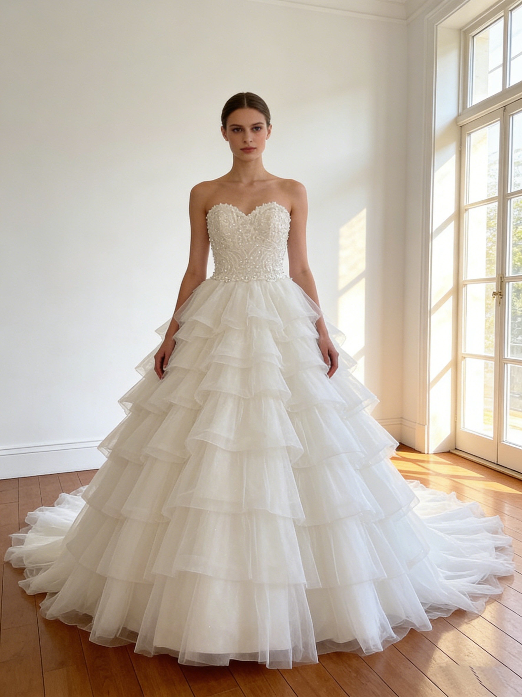 ウエディングドレス オフホワイト 柔らかく重ねたチュールスカート ビスチェドレス 編み上げ ロングトレーン 結婚式