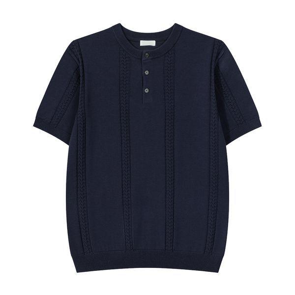 メンズプレミアムヘンリーネックラウンド半袖ニットTシャツ GN KNH Q012 ネイビー_P422786759